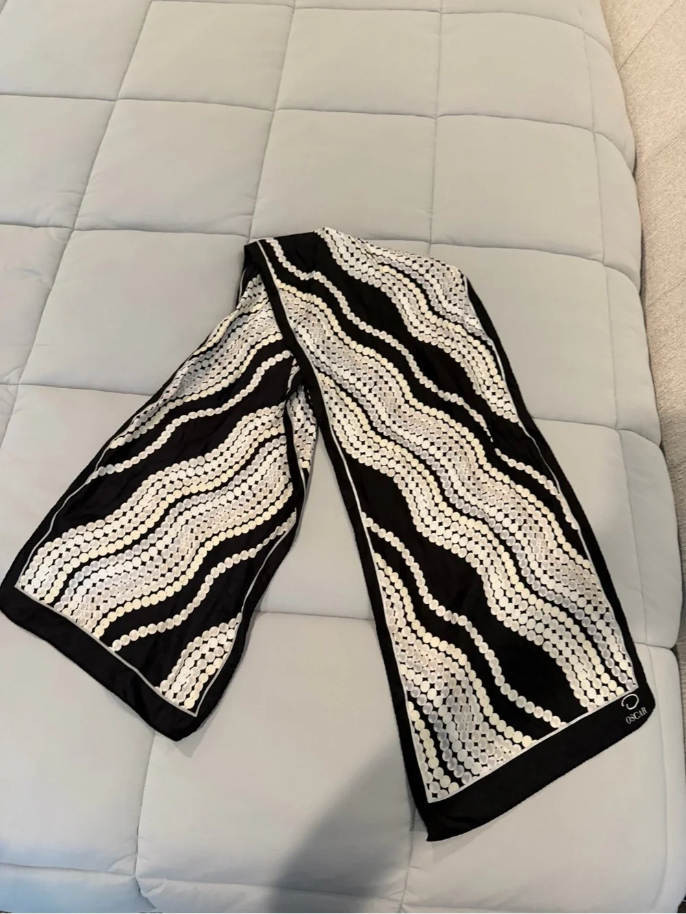 Vintage Oscar de la Renta black and white wavy pattern scarf with white circular